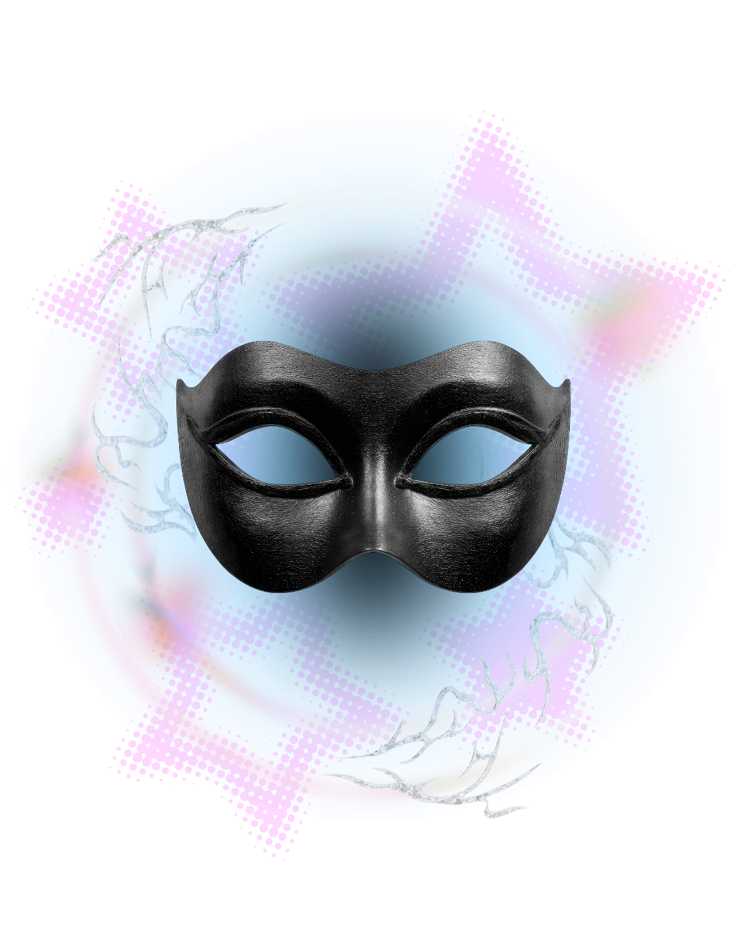 A black masquerade mask with eye holes, surrounded by an abstract, colorful, iridescent circular design with pink, blue, and white hues and swirling patterns.