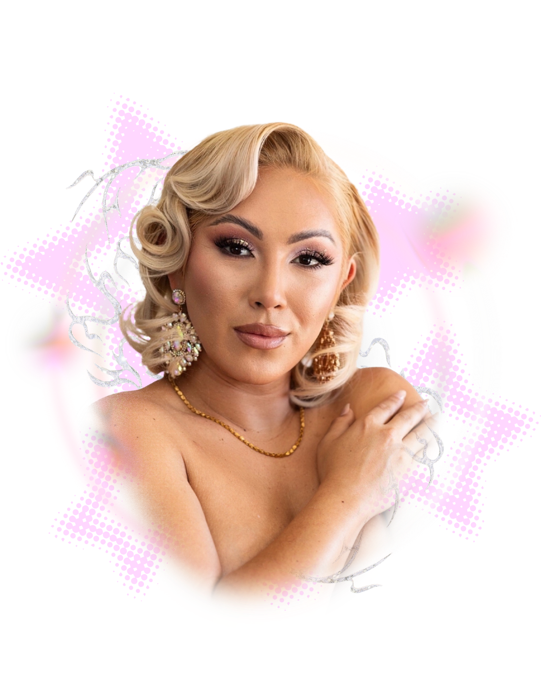 Portrait of a woman with blonde hair styled in soft curls, wearing earrings, a necklace, and makeup with dramatic eye makeup and nude lipstick, surrounded by colorful abstract digital effects.