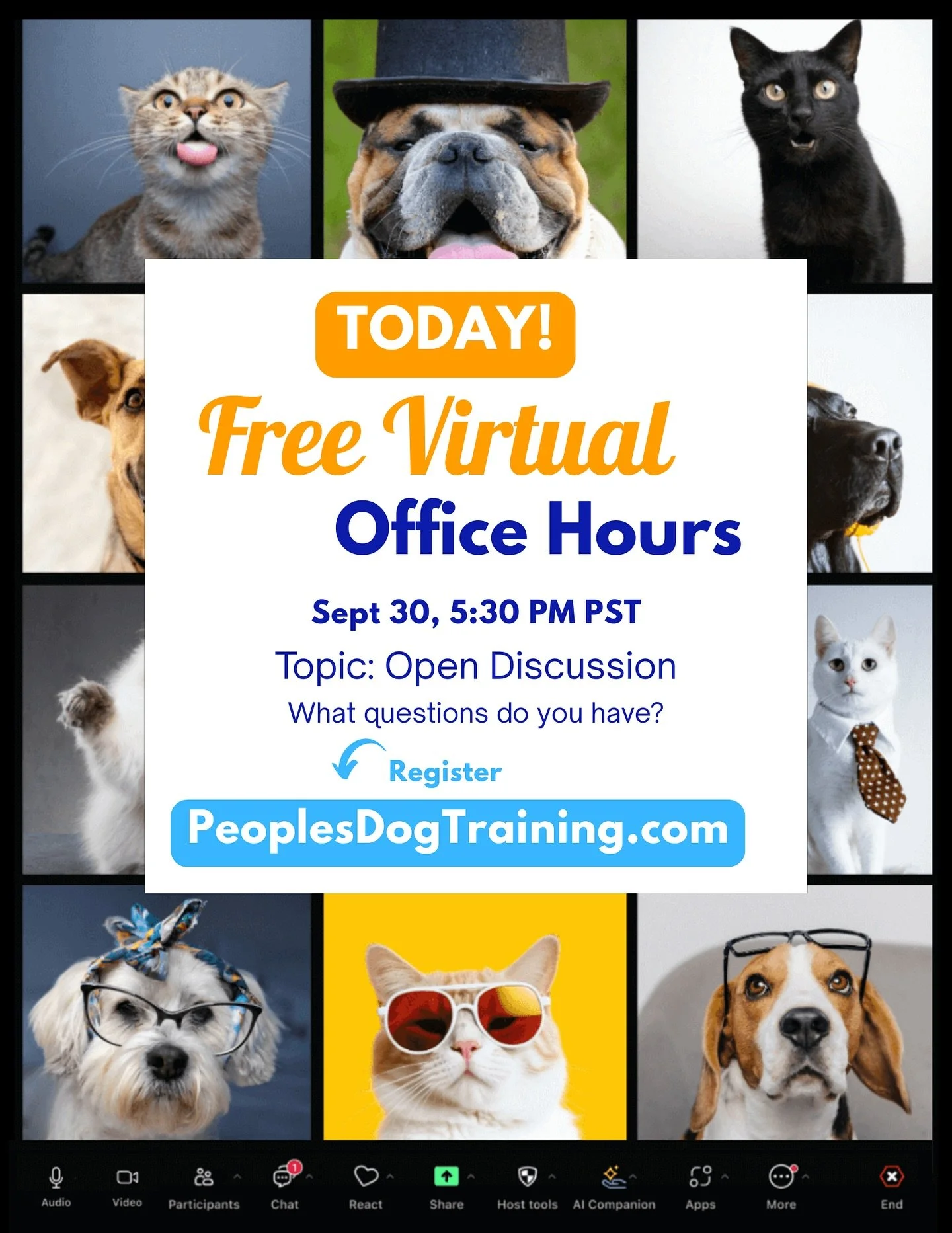Got burning questions about your dogs and cats? 🐾 Get expert answers pronto in Free Virtual Office Hours.

📅 TODAY, September 30
🕠 5:30 PM PST
💵 FREE
💌 Sign up at the Linktree in bio or at peoplesdogtraining.com

Connect. Discover. Empower.

#Pe