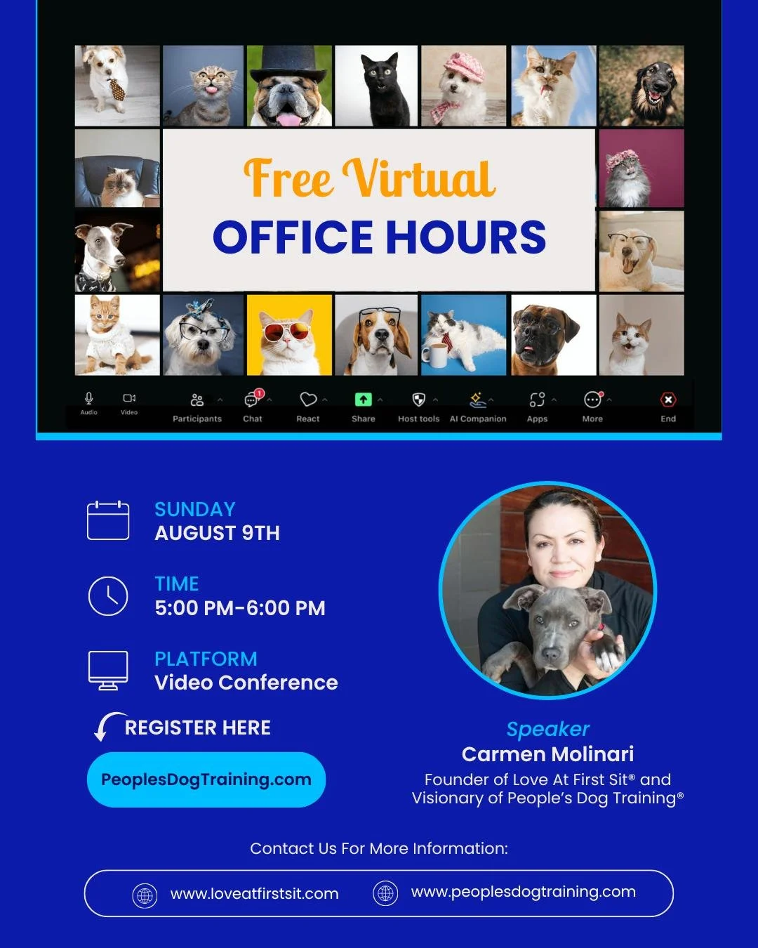 Have questions about your dog or cat? 🐾 Whether you're working through a training challenge, trying to better understand your pet's behavior, or simply looking for trusted guidance, we'd love to have you join us for FREE Virtual Office Hours with Ca
