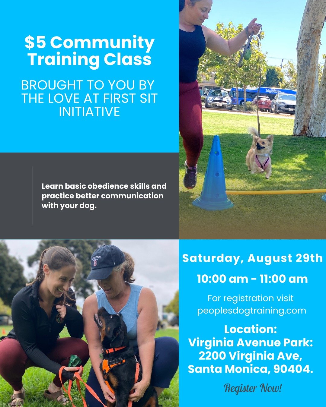Saturday plans = dog training. 🐾

Join us for our next $5 Community Dog Training Class, which is a beginner-friendly outdoor session where you and your dog can work on foundational obedience skills, build confidence together, and support programs th