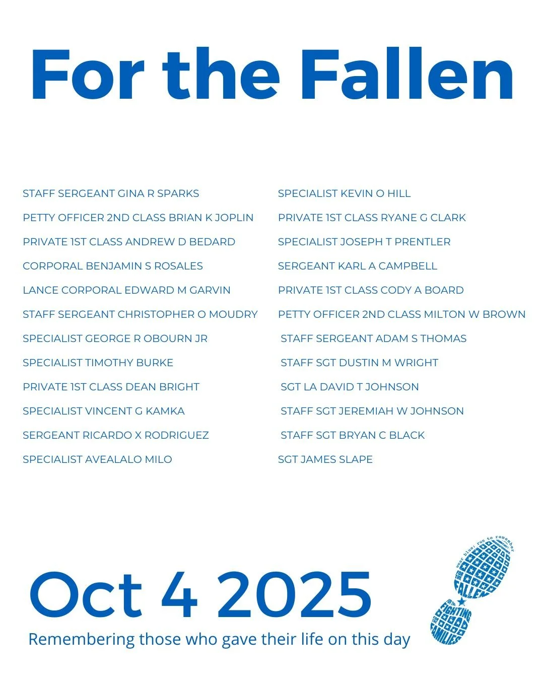 The Community Run is the foundation of wear blue: run to remember. Each weekend, service members are honored by name and remembered in the steps and breaths of our community.

View our list of wear blue communities at https://www.wearblueruntoremembe