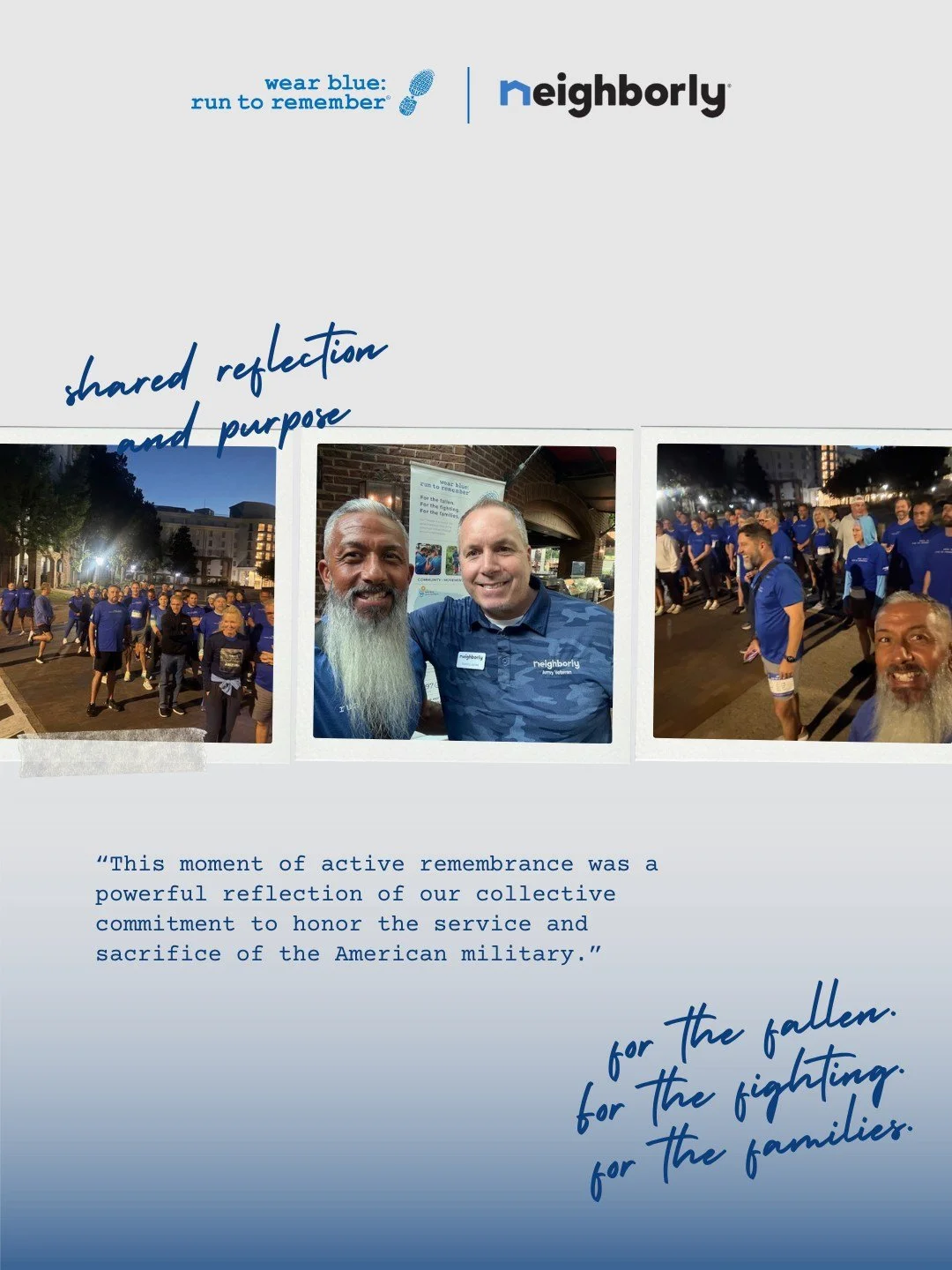 This past weekend, our Community Runs Director, Ryan Taniguchi and our local wear blue Community had the honor of joining Neighborly at their 2025 Reunion to share a moment of active remembrance. Together, we held a Circle of Remembrance and walked a