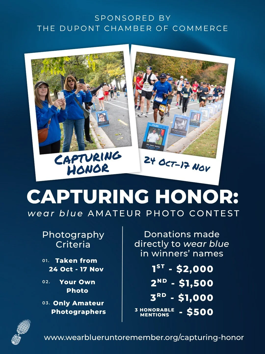 Every frame tells a story of honor, service, and love.
Submit your photos taken October 24–November 17 to the Capturing Honor: wear blue Amateur Photo Contest — celebrating remembrance through your lens.
Donations benefit wear blue: run