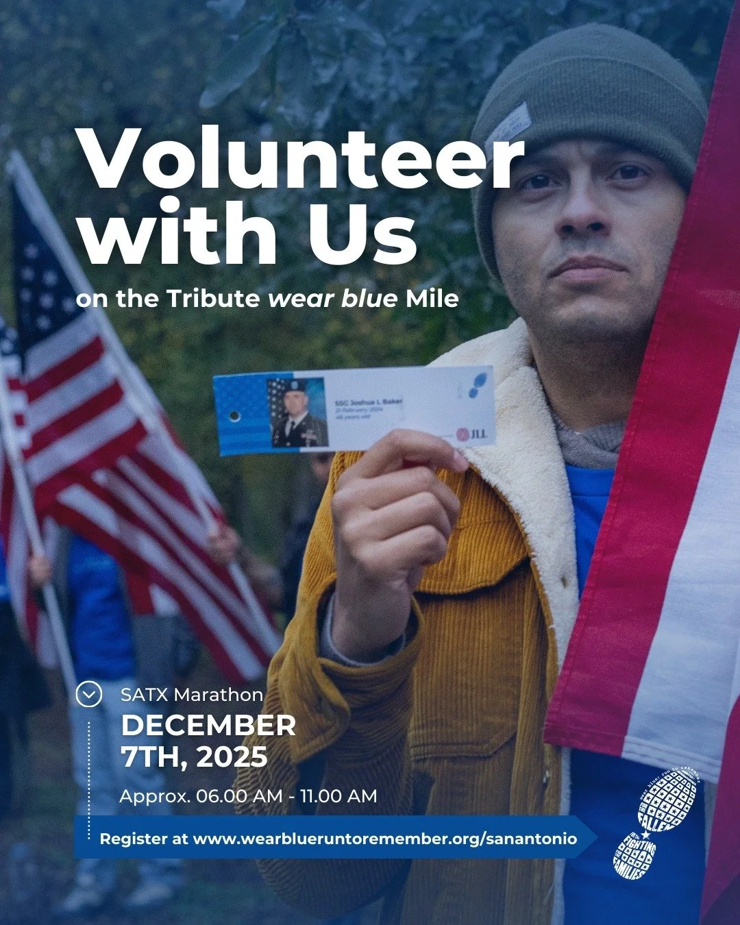We need you this Sunday, 7 December at the wear blue Mile during the SATX Marathon. 💙

Every flag, every name, every step of remembrance is made possible because of volunteers who show up with heart and purpose. This sacred stretch of the course bec