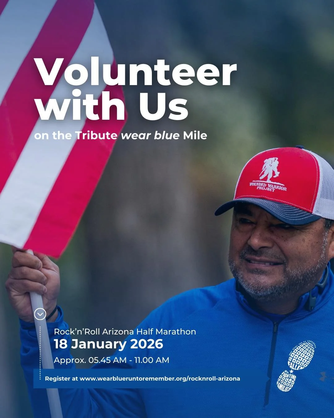 💙 Stand shoulder to shoulder in remembrance.

On 18 January, the wear blue Mile at Rock &rsquo;n&rsquo; Roll Arizona, sponsored by Wounded Warrior Project, will honor the lives and legacies of fallen military service members.

We are seeking volunte