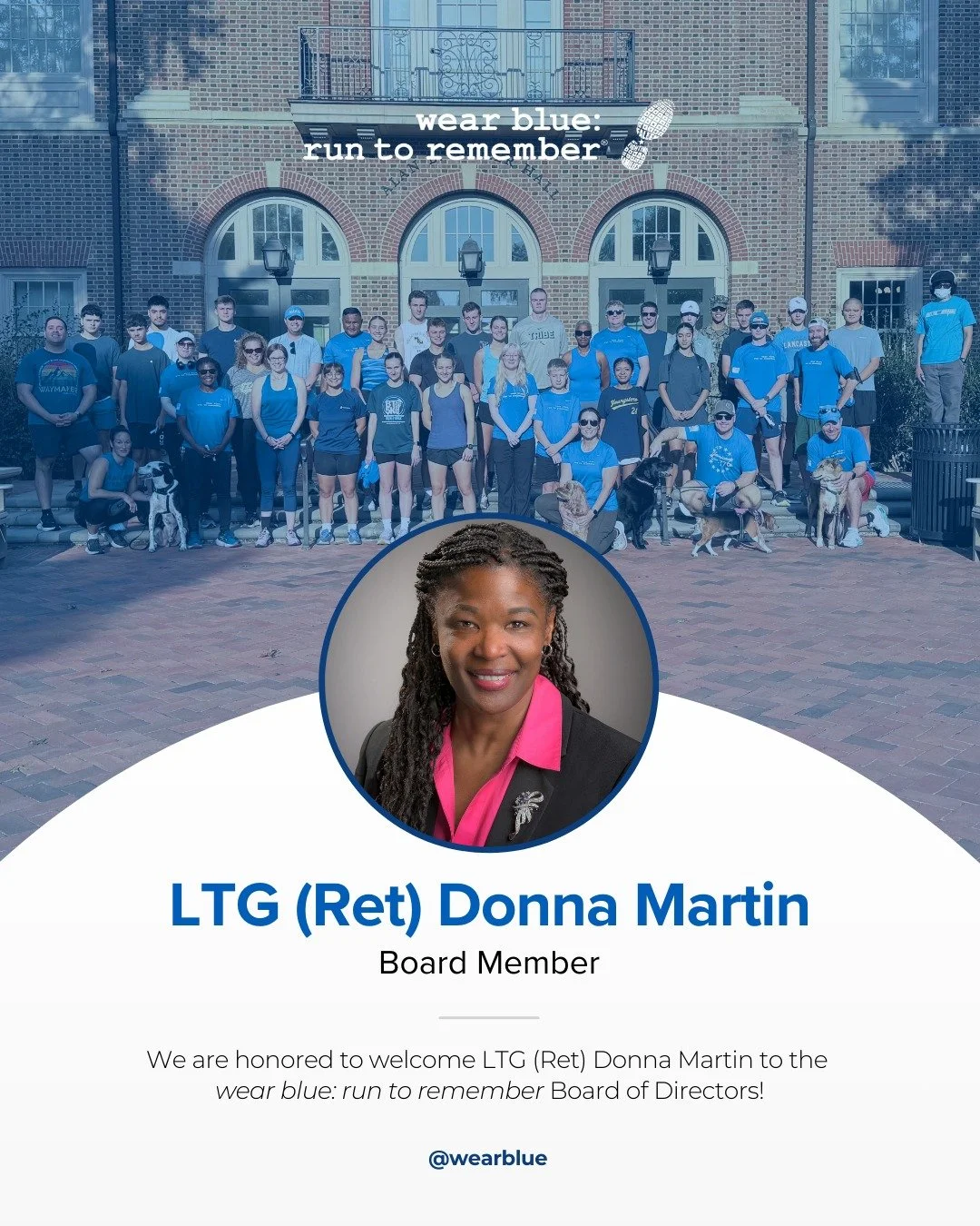 Please join us in welcoming Lieutenant General (Ret) Donna W Martin to the wear blue Board of Directors 💙

With decades of service to our nation and firsthand commitment to honoring our fallen heroes at  the Williamsburg Community Run, LTG Martin em