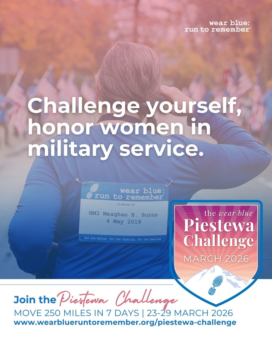 💪 Did you hear? The 2026 Piestewa Challenge is officially open! 🎉

Join a nationwide community honoring women in military service and the legacy of SPC Lori Ann Piestewa by moving 250 miles together, whether you run, walk, or take purposeful steps 