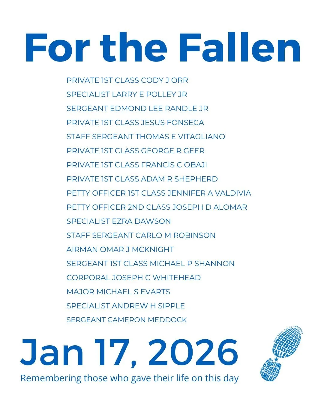 The Community Run is the foundation of wear blue: run to remember. Each weekend, service members are honored by name and remembered in the steps and breaths of our community.

View our list of wear blue communities at https://www.wearblueruntoremembe