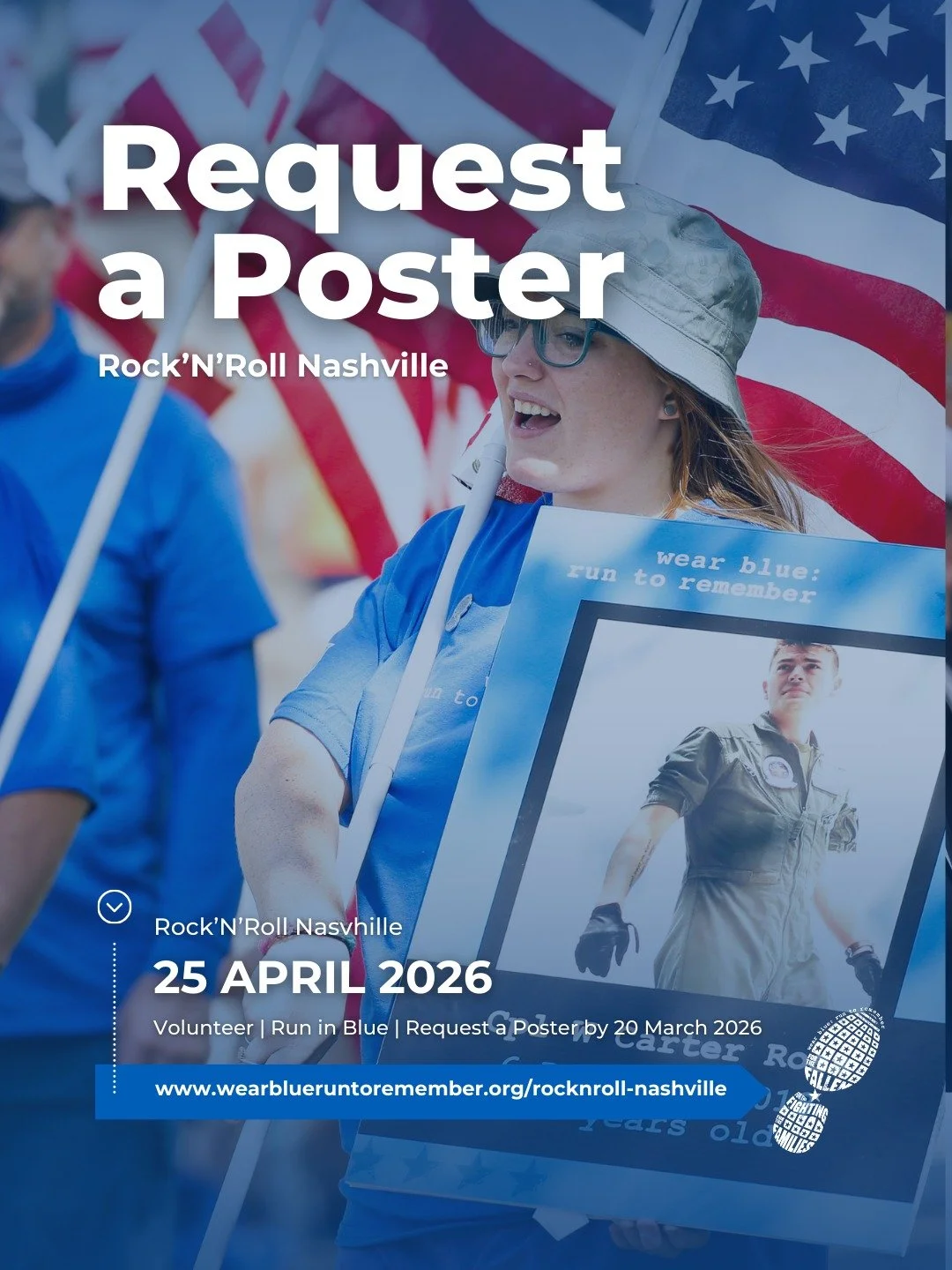 Every poster tells a story.
Every name carried forward matters.

On 25 April 2026, the wear blue community will host a wear blue Mile on the Rock &rsquo;n&rsquo; Roll Nashville Marathon course to honor the service and sacrifice of our nation&rsquo;s 