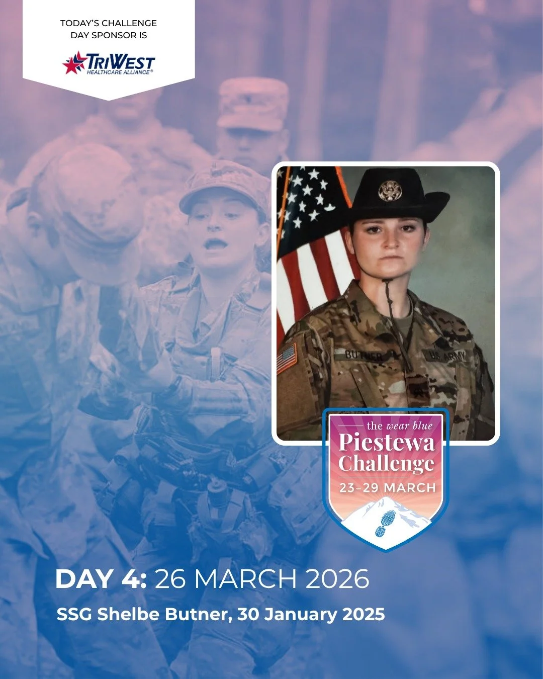 Day 4 of the Piestewa Challenge and we&rsquo;re seeing movement across the globe &ndash; and even a little friendly competition. Every mile logged is a tribute to service and sacrifice.

Today we remember and honor
US Army SSG Shelbe Butner,  30 Janu