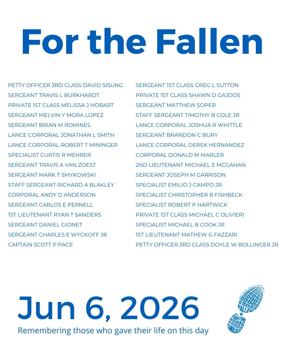 The Community Run is the foundation of wear blue: run to remember. Each weekend, service members are honored by name and remembered in the steps and breaths of our community.

View our list of wear blue communities at https://www.wearblueruntoremembe