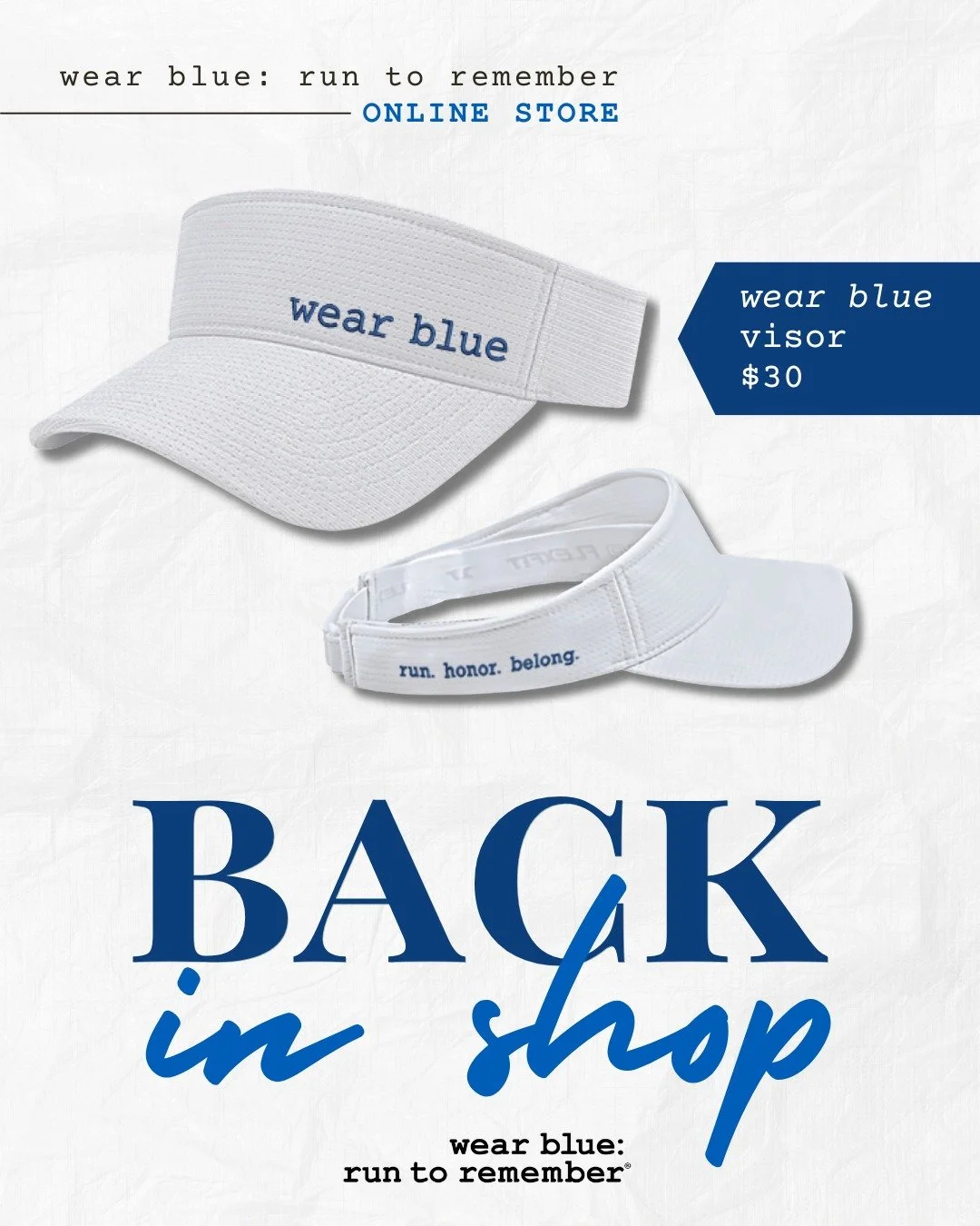 Back by popular demand. 💙

The wear blue performance visor is back in the shop.

Designed for training days, race days, and every purposeful mile in between, this lightweight visor features moisture-wicking fabric, a comfortable stretch fit, and the
