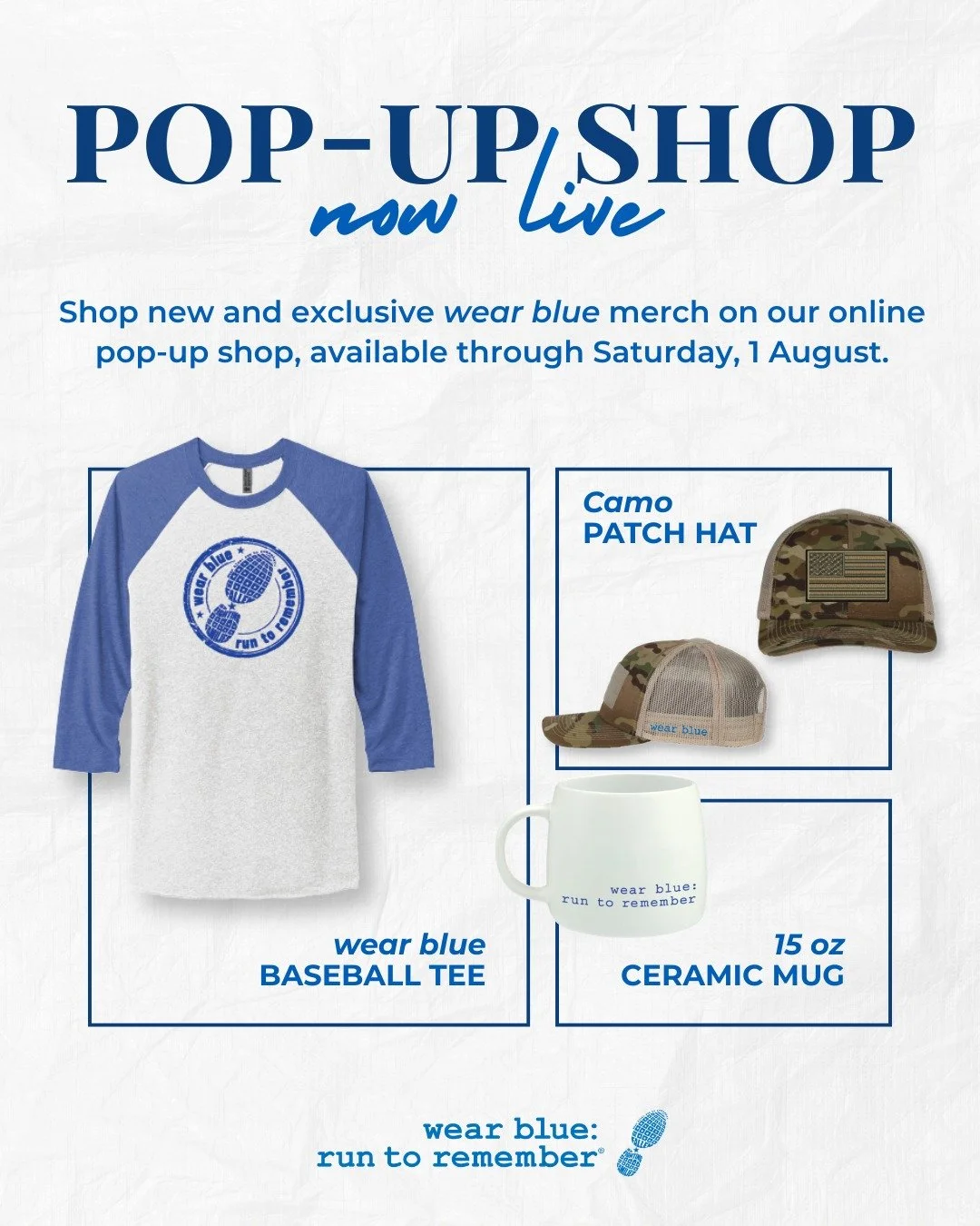🎉 A wear blue Pop-Up Shop is officially open! 🇺🇸💙

From everyday essentials to new apparel favorites, this limited-time shop gives you the opportunity to wear your support for the mission and represent the community that honors and remembers Amer
