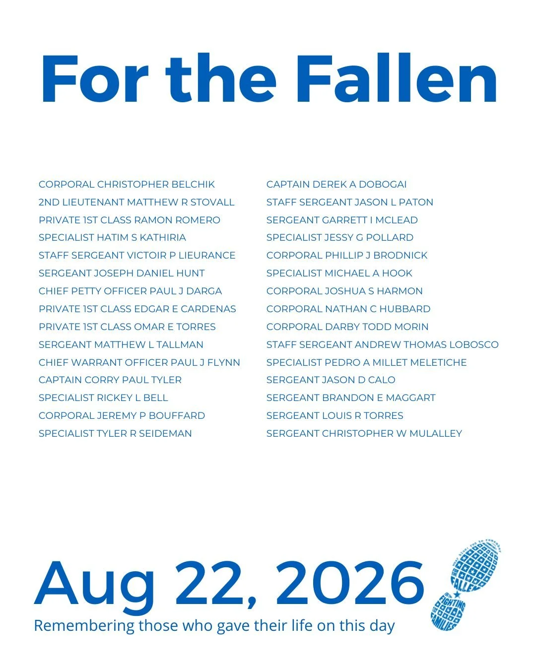 The Community Run is the foundation of wear blue: run to remember. Each weekend, service members are honored by name and remembered in the steps and breaths of our community.

View our list of wear blue communities at https://www.wearblueruntoremembe