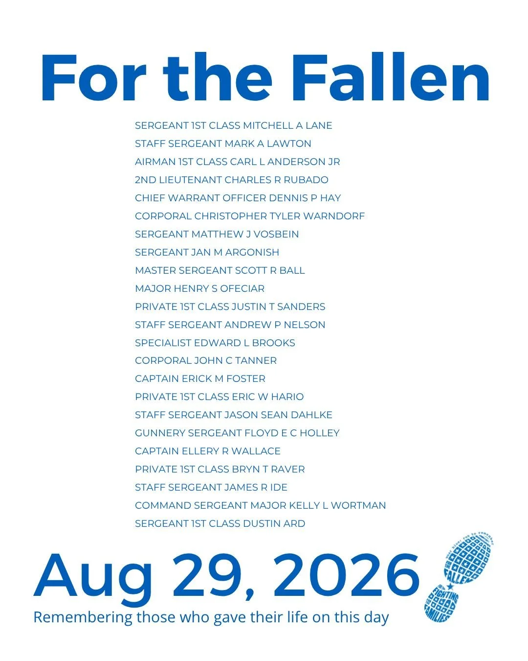 The Community Run is the foundation of wear blue: run to remember. Each weekend, service members are honored by name and remembered in the steps and breaths of our community.

View our list of wear blue communities at https://www.wearblueruntoremembe