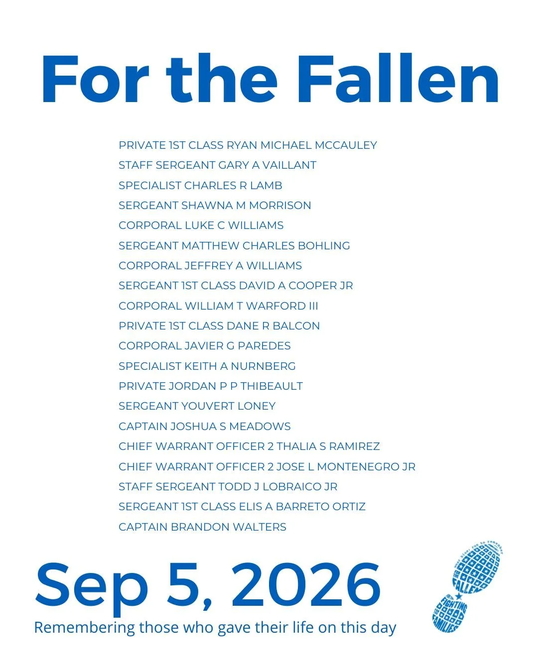 The Community Run is the foundation of wear blue: run to remember. Each weekend, service members are honored by name and remembered in the steps and breaths of our community.

View our list of wear blue communities at https://www.wearblueruntoremembe
