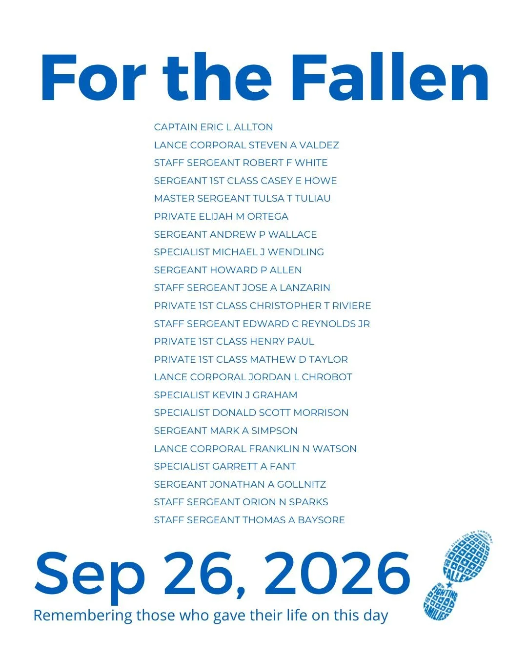 The Community Run is the foundation of wear blue: run to remember. Each weekend, service members are honored by name and remembered in the steps and breaths of our community.

View our list of wear blue communities at https://www.wearblueruntoremembe
