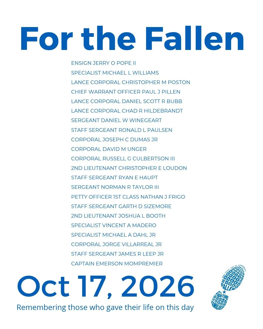 The Community Run is the foundation of wear blue: run to remember. Each weekend, service members are honored by name and remembered in the steps and breaths of our community.

View our list of wear blue communities at https://www.wearblueruntoremembe