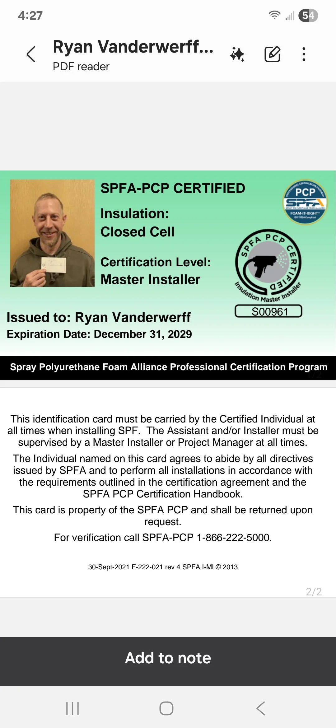 Certification card for Ryan Vanderwerff showing his SPFA-PCP certification for closed cell insulation, Master Installer level, issued December 31, 2029, with a photo of Ryan holding the certificate.