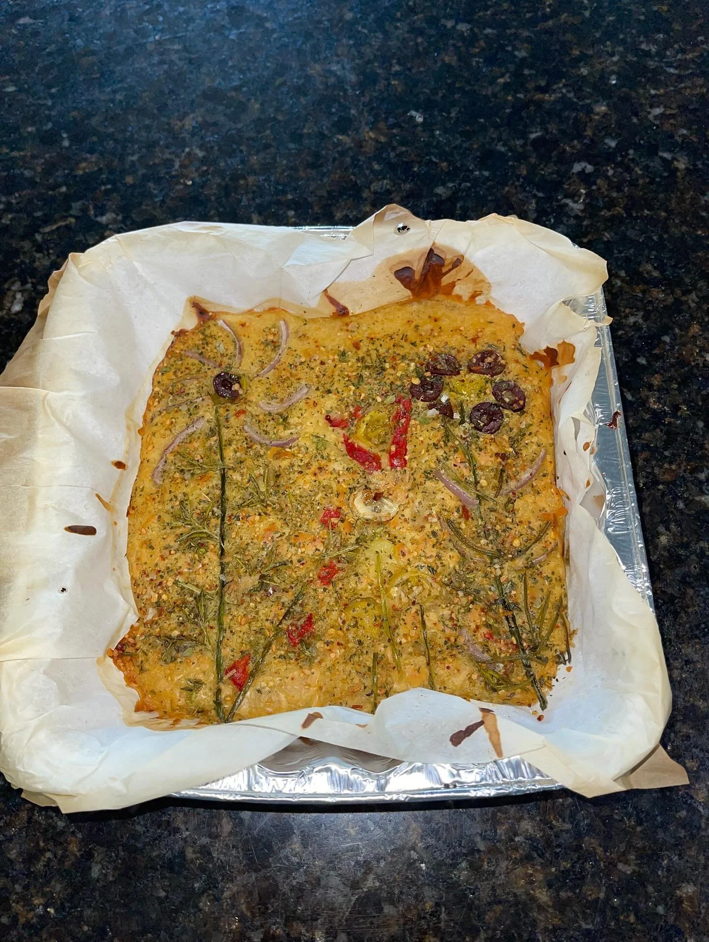 Art carry’s over into our kitchen where even our food has to be artsy. There was a rainbow but it was eaten before we could get a photo!
Gluten free vegan Focaccia. The trick is to leave out zanthum gum. Make sure it’s not in your flour b