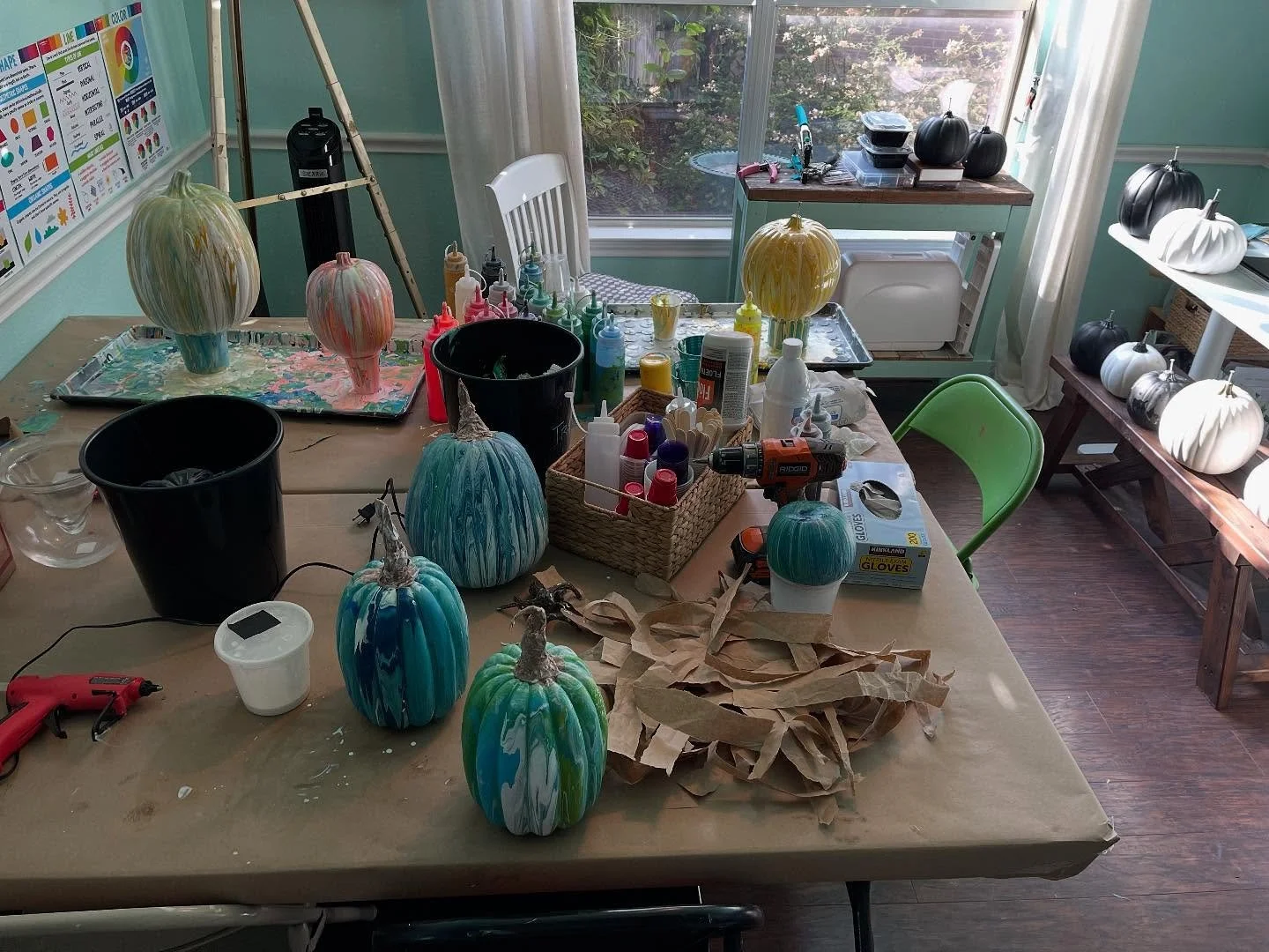 Pumpkins being painted and stems being made. Then I will seal it, add weights and put in the front yard display. I only have 40 more to paint. lol.