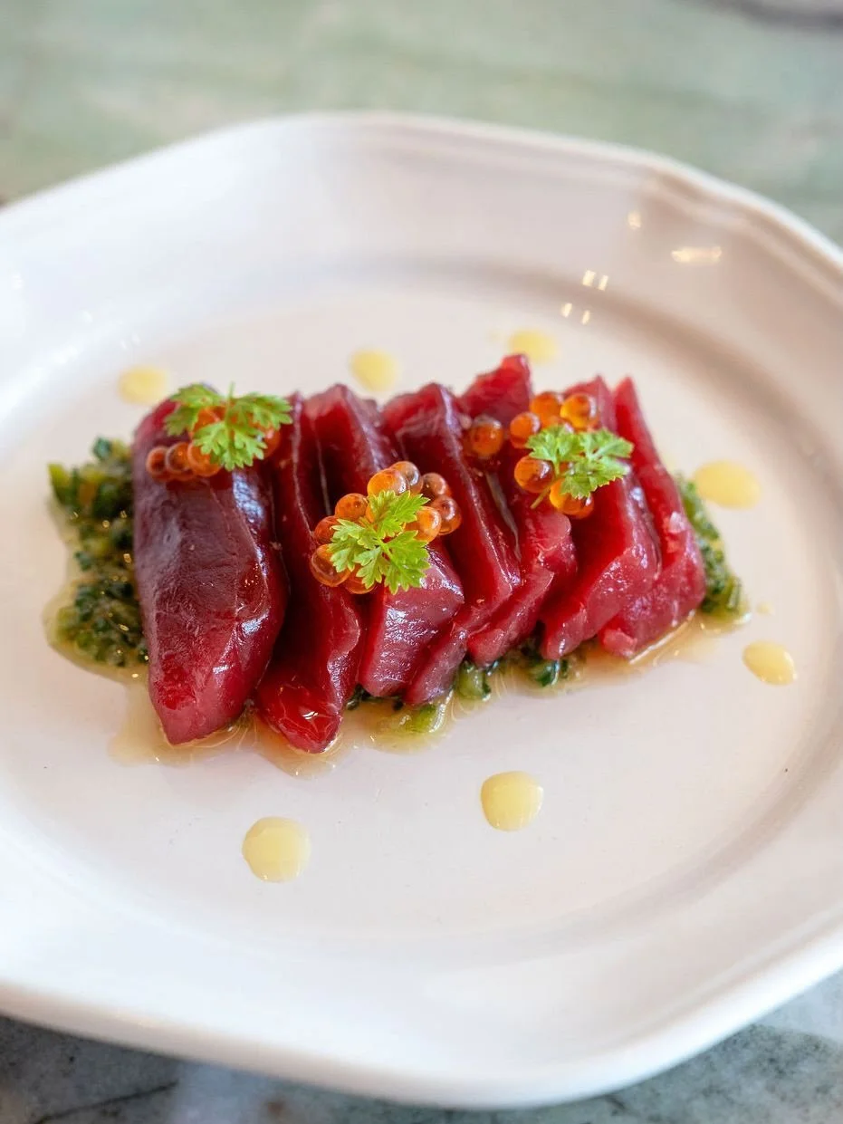 An @alexpavoni favourite. Fresh yellowfin tuna crudo on a bed of green chilli, topped with smoked Yarra Valley salmon roe and parsley. 

@alexpavoni @moyasky @pardo9000 @truzzi.alessandro #italianrestaurant #ItalianrestaurantManly #Sydneyeats