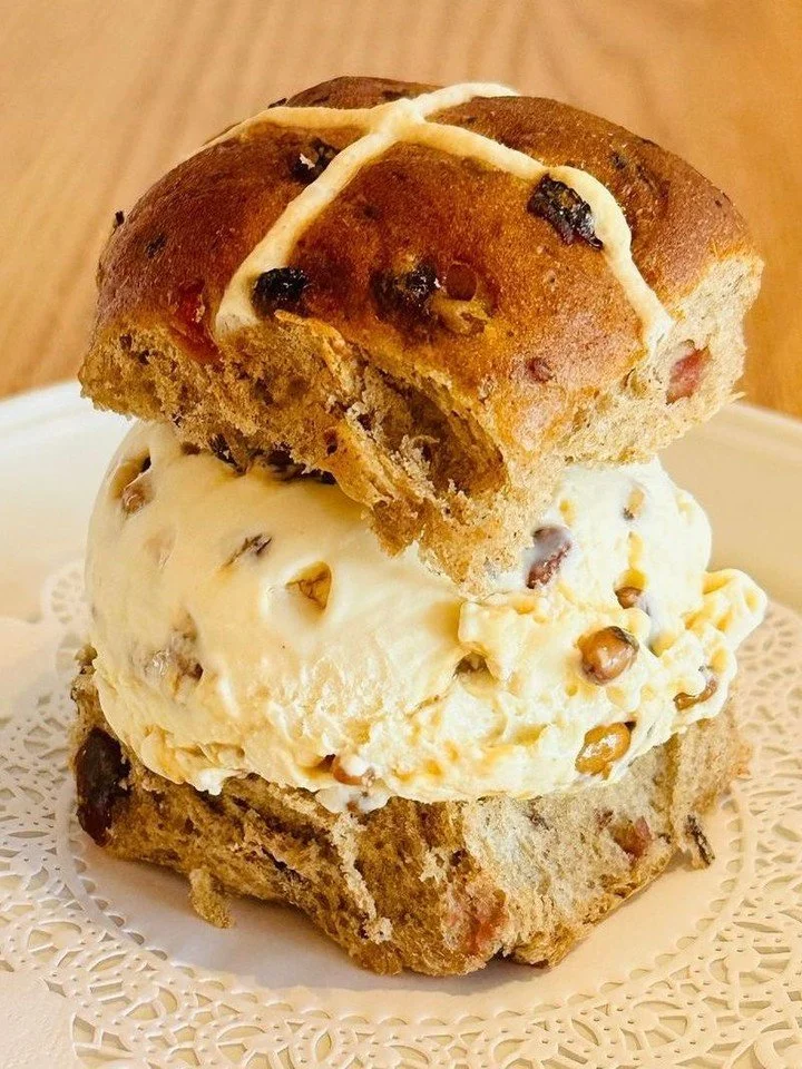 Introducing our Castagnaccio gelato for Easter. Chestnut gelato with pine nuts, sultanas and rosemary, sandwiched inside a warm hot cross bun.

This Easter treat is available for $16 on our dessert menu in the Trattoria, as well as in the Caffetteria