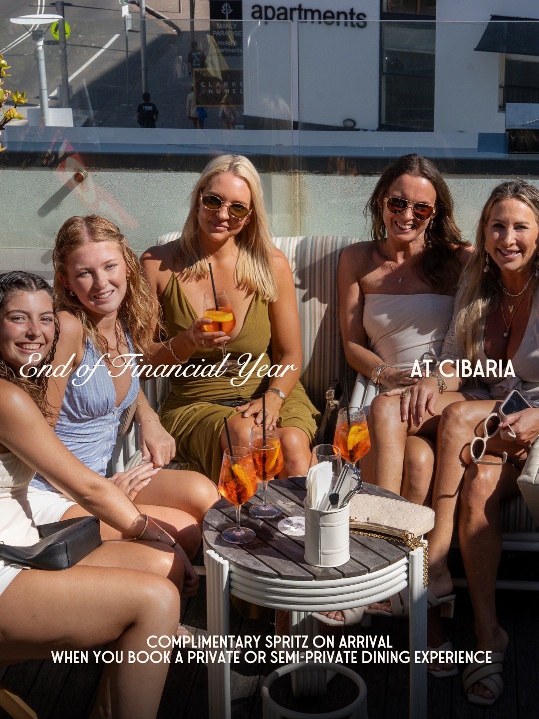 End of financial year sorted. Book a private or semi-private dining experience at Cibaria and every guest receives a complimentary Spritz on arrival. Choose from The Terrazza with ocean views, 55 North or one of our private dining rooms. Available un
