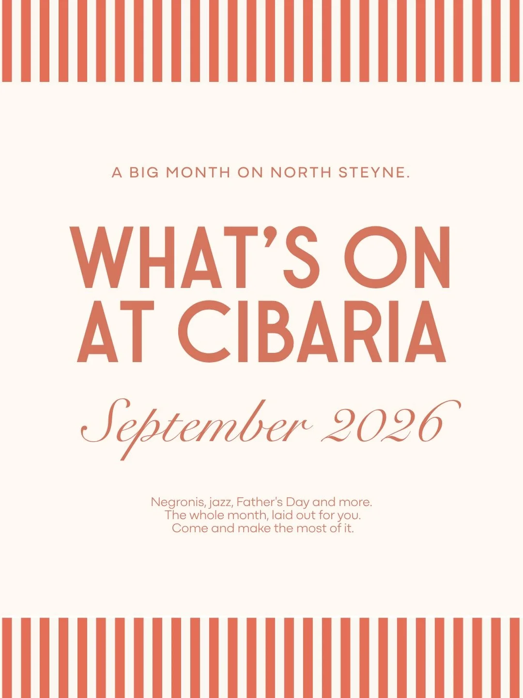 September&rsquo;s a big one. Negroni Month runs all month long, Father&rsquo;s Day lands on the 6th, on the 12th we are transforming Cibaria into the ultimate beach club to launch Sydney Bar Week, before Manly Jazz takes over 55 North on the 20th. Sw