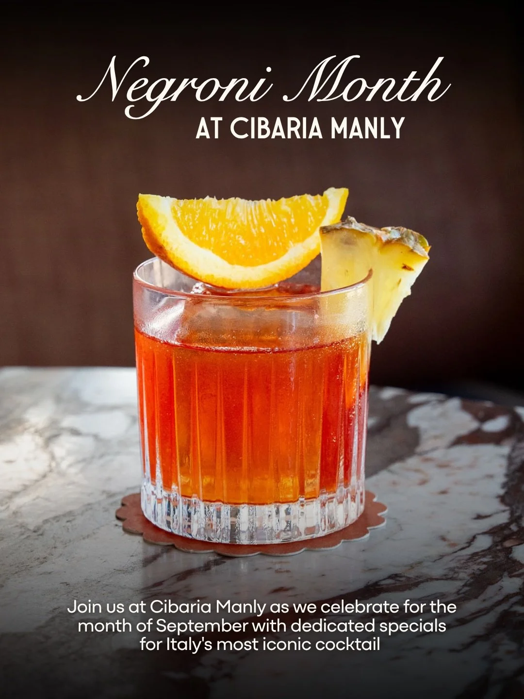 It&rsquo;s Negroni Month at Cibaria, and we&rsquo;re celebrating Italy&rsquo;s most iconic cocktail all September long. New twists on the classic at 55 North, a refreshing blood orange Negroni sorbet at the Gelateria and Sydney rock oysters with Camp