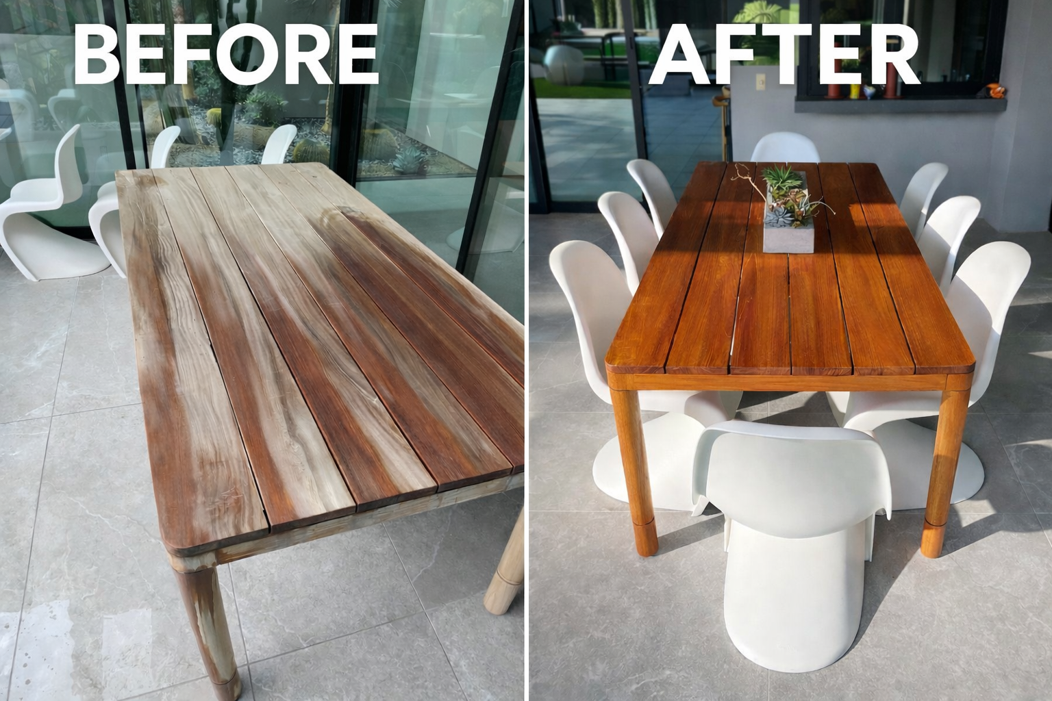 Side-by-side comparison of a wooden dining table before and after refinishing. The "before" side shows a weathered, rough, lighter-colored wood surface, while the "after" side displays a smooth, polished, darker-colored wood surface with a centerpiece plant and surrounding white chairs.