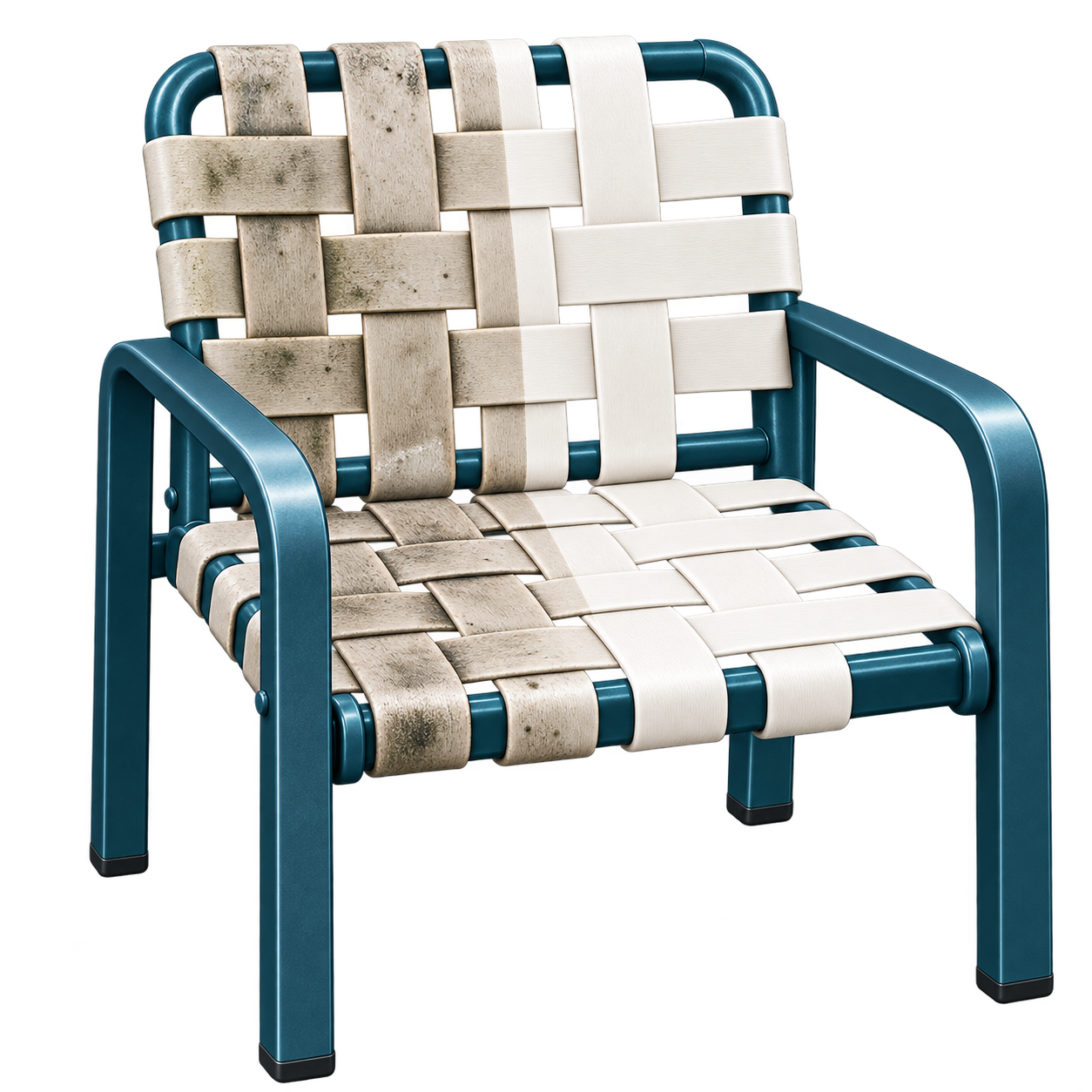 Backless outdoor chair with blue metal frame and weathered, stained woven straps.