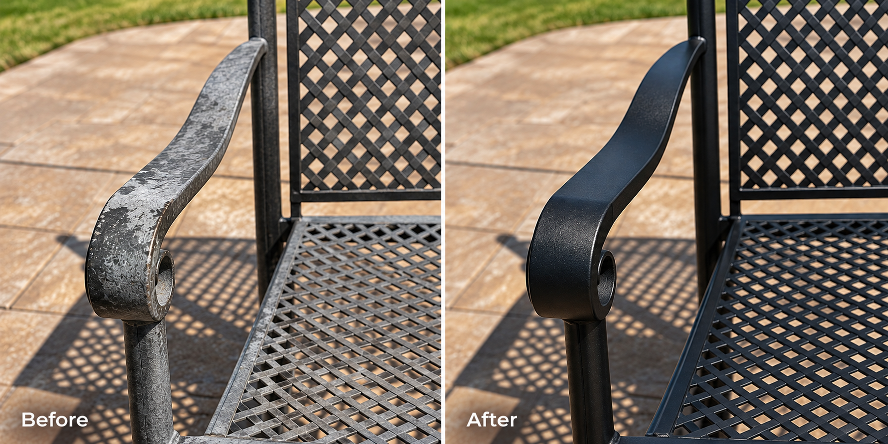 Comparison of a metal patio chair armrest before and after cleaning or repainting. The 'Before' armrest shows rust and peeling paint, while the 'After' armrest is freshly painted black with a clean finish.