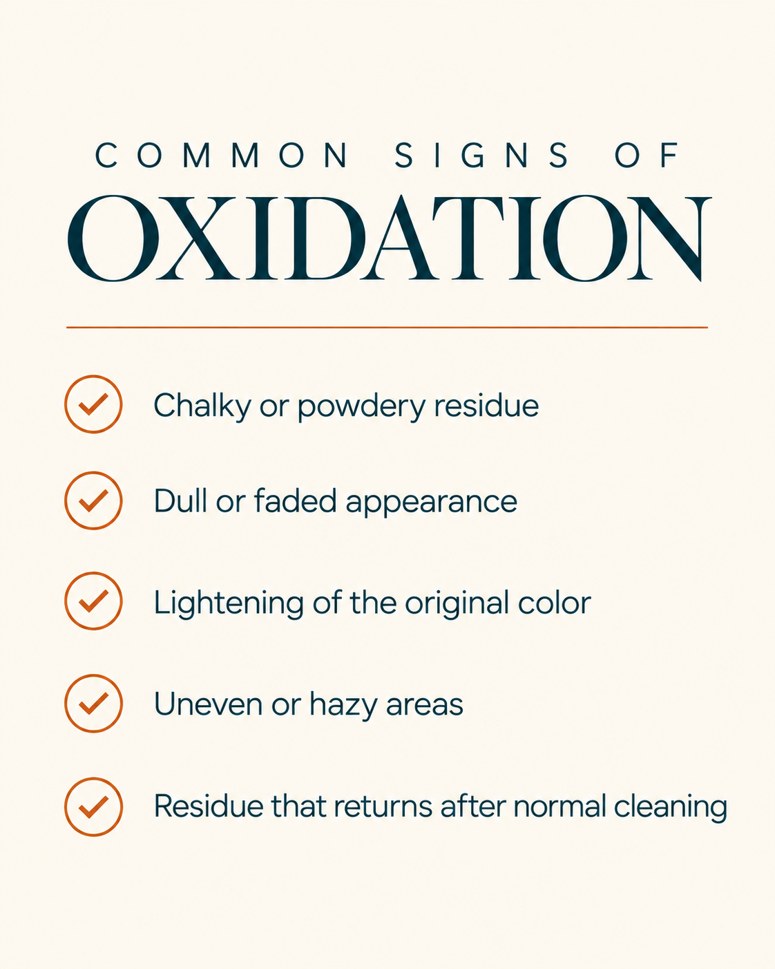 List of common signs of oxidation, including chalky or powdery residue, dull or faded appearance, lightening of the original color, uneven or hazy areas, and residue that returns after normal cleaning.