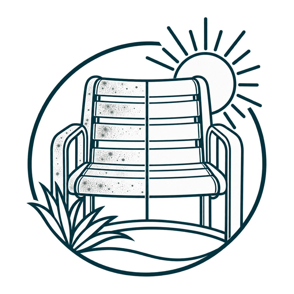 Line art illustration of a park bench with a round sun in the background and plants in the foreground.