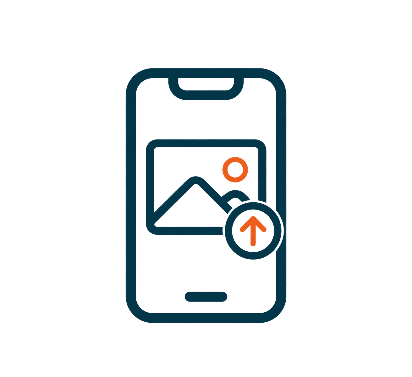 Outline of a smartphone displaying a photo with a mountain and sun, with an upload arrow icon overlayed in red.