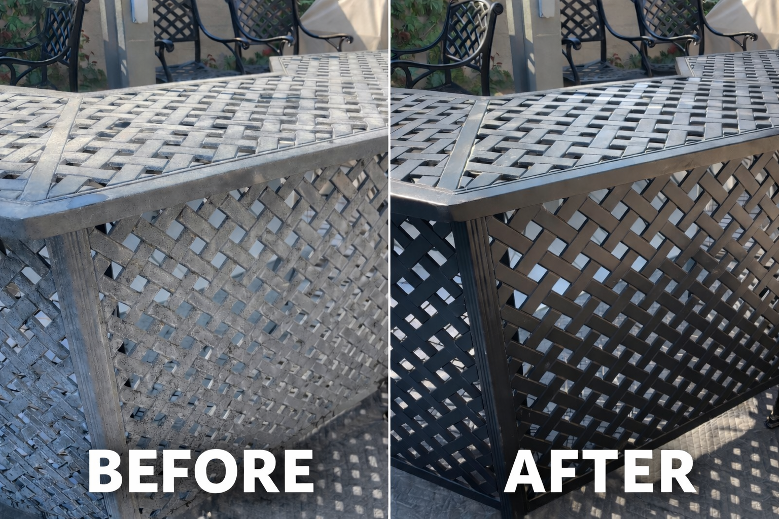 Comparison photo of a wicker outdoor table before and after cleaning or repainting. The "Before" side shows a weathered, dusty, light gray surface, while the "After" side shows a clean, dark, recently restored surface.