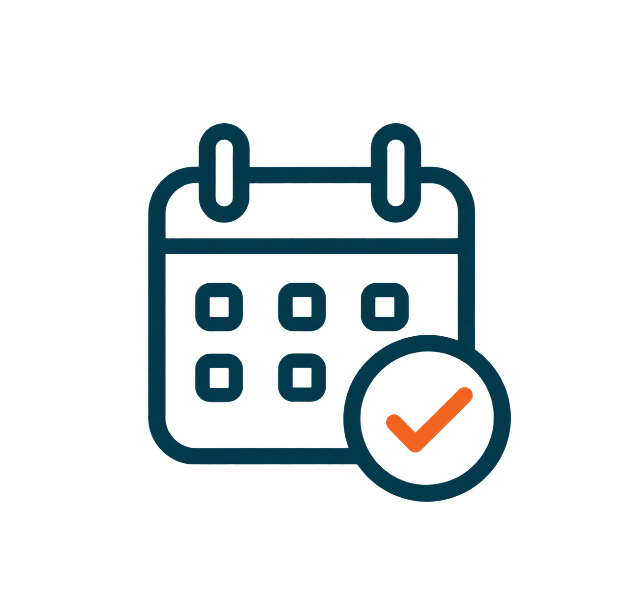 Calendar icon with a checkmark in a circle in front of it.