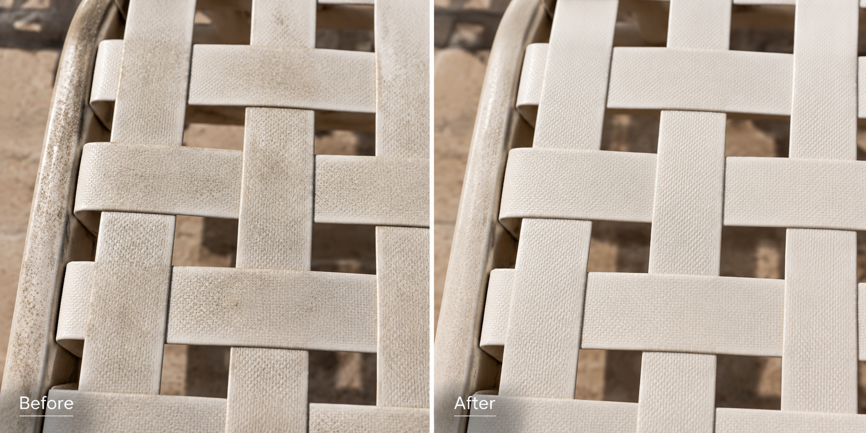 Close-up comparison of a woven plastic outdoor chair before and after cleaning, showing the removal of dirt and stains from the surface.