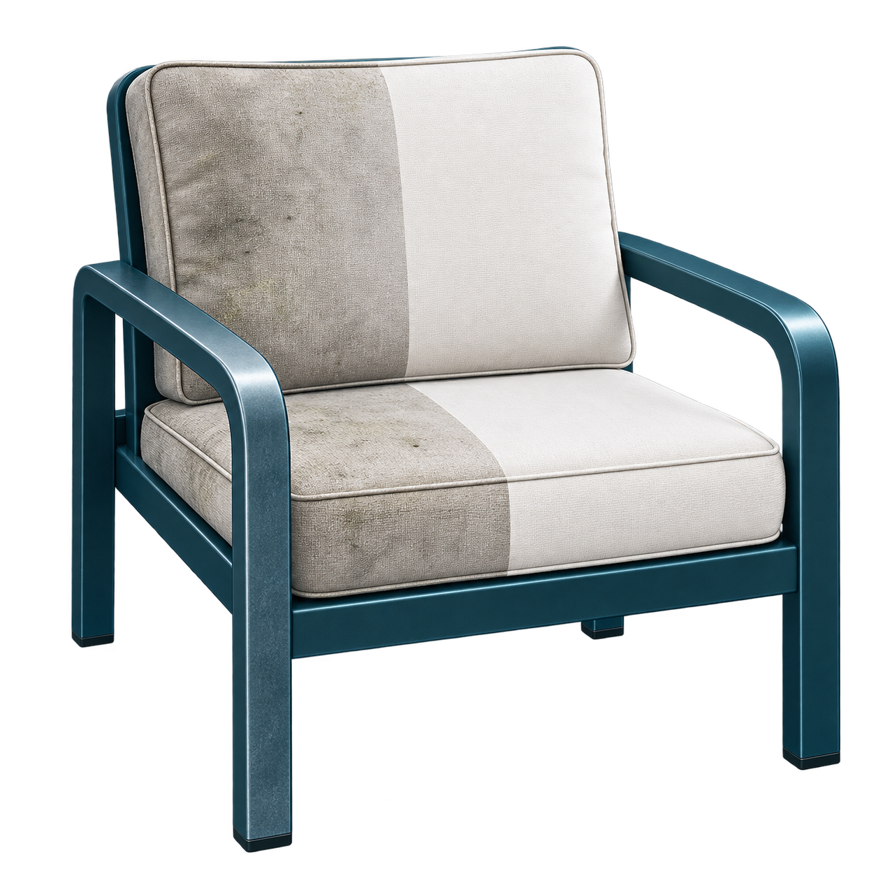 A modern armchair with a metal frame, featuring a seat and back cushion with light beige fabric, some parts stained or dirty.