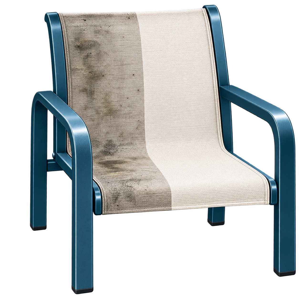 A chair with a metal frame and a seat and backrest that are half clean and half dirty, with dirt and stains on the left side.