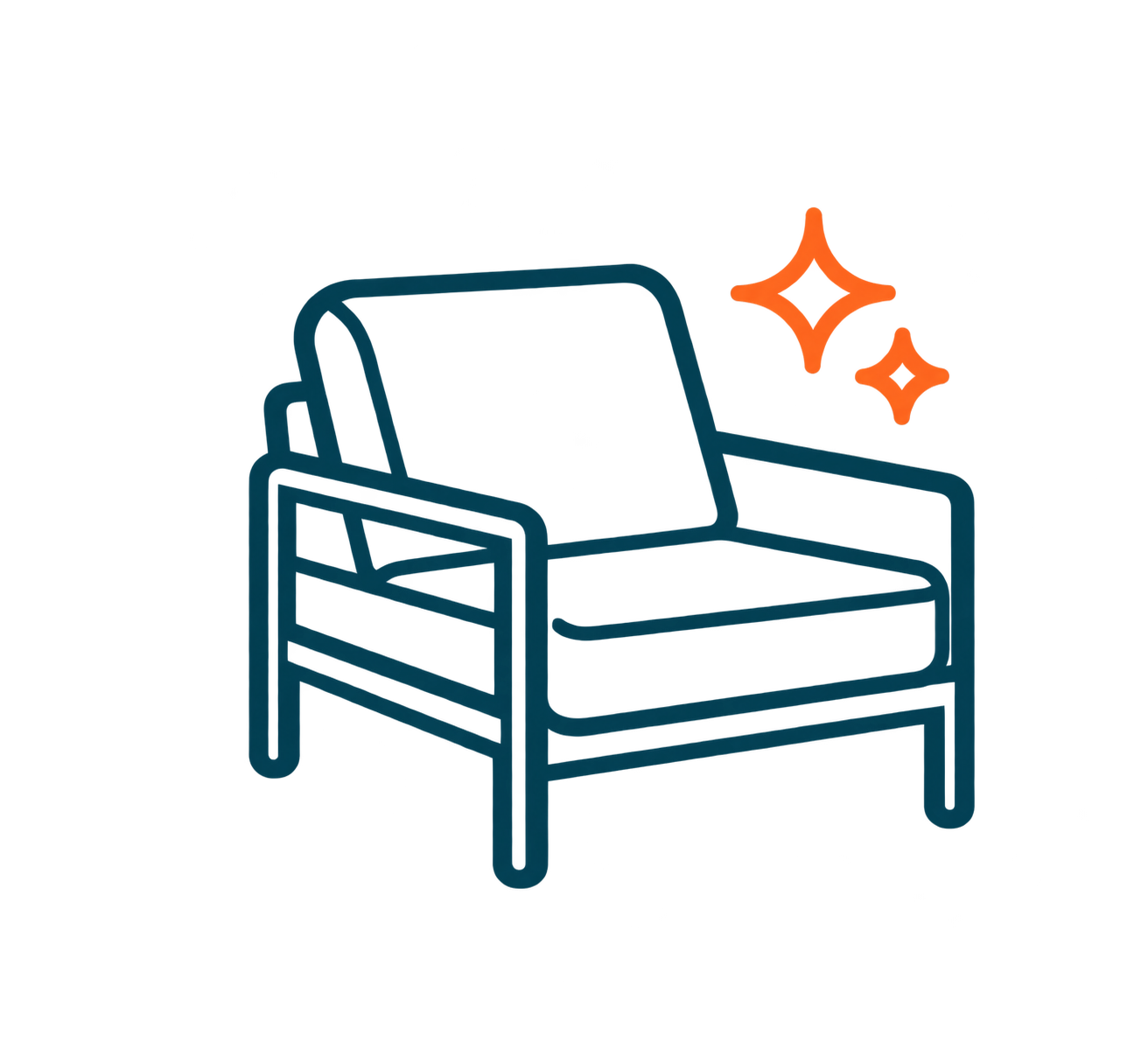 A digital illustration of a modern armchair with blue cushions and dark blue frame, accompanied by two sparkling stars behind it and an orange background.