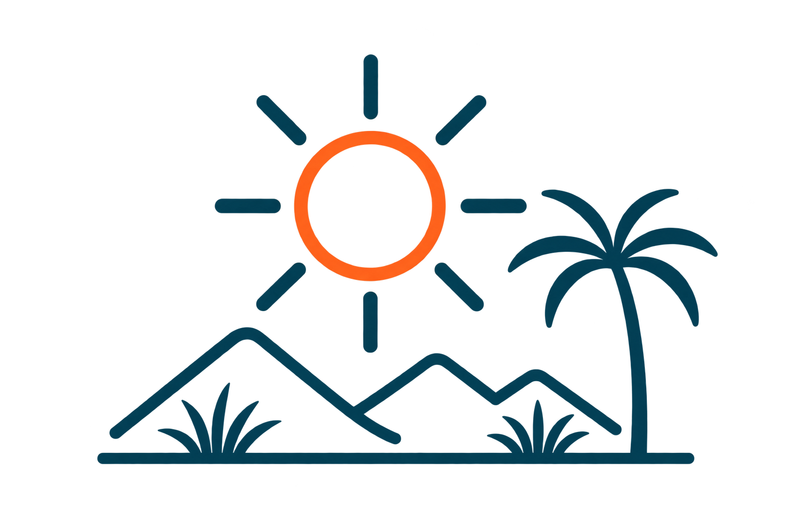 Illustration of a sunset with the sun setting behind a palm tree and a dock, viewed from a boat.