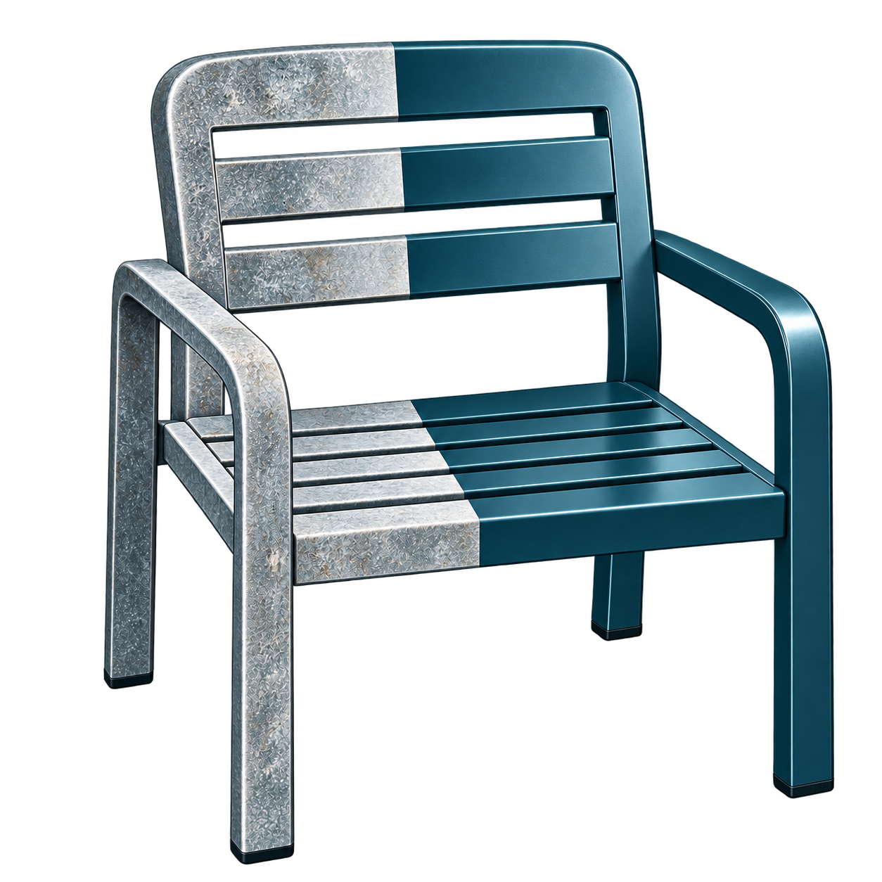 A modern outdoor metal bench with alternating silver and dark blue sections, featuring a slatted design and armrests.