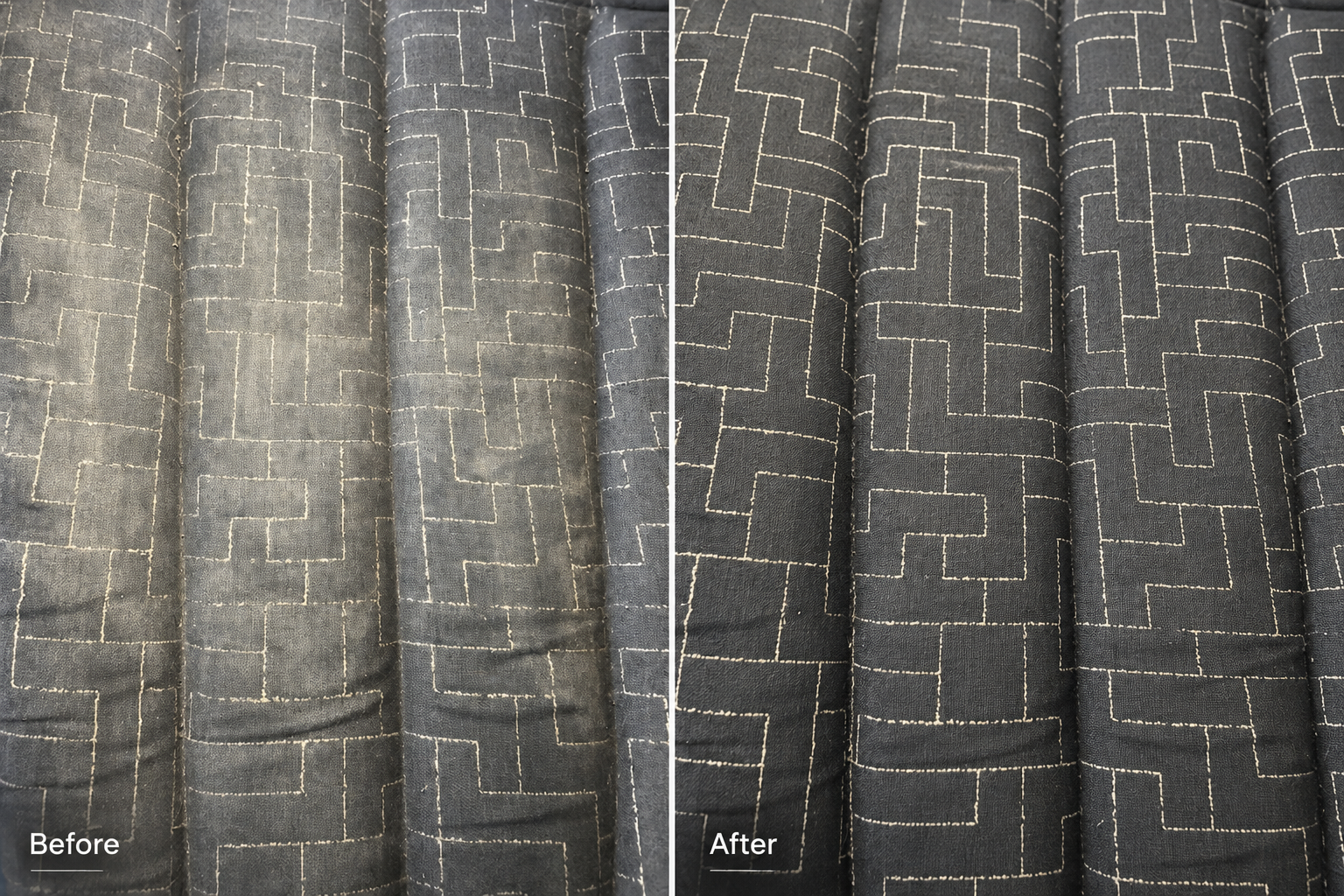 Side-by-side comparison of a fabric curtain before and after cleaning. The left shows a dusty, stained curtain, and the right shows a cleaner, brighter curtain with visible stitching pattern.