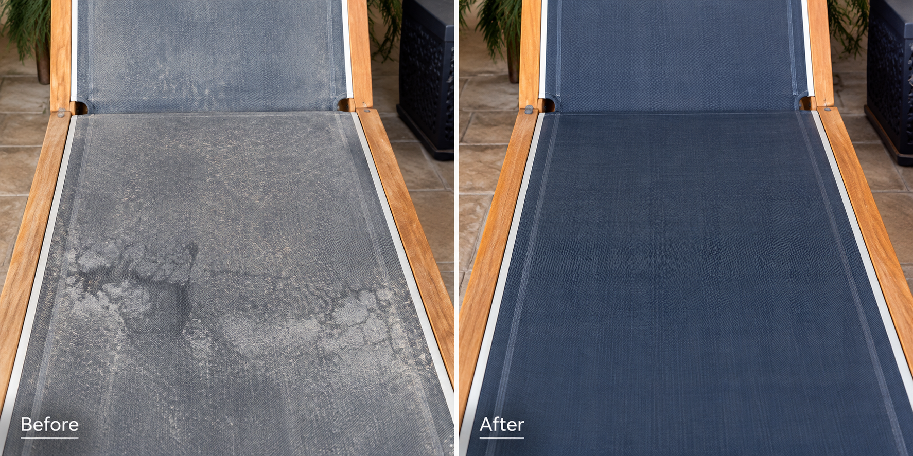 Side-by-side comparison of a wooden lounge chair with a blue fabric seat. The left side shows the chair before cleaning, with the fabric covered in dust and dirt. The right side shows the chair after cleaning, with the fabric appearing clean and free of dirt.