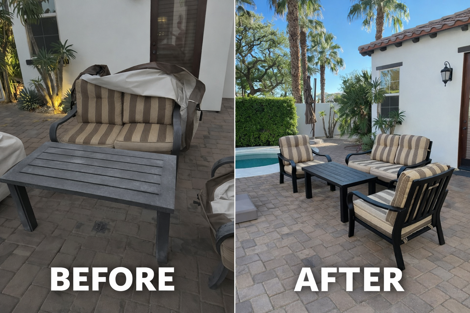 Side-by-side comparison of backyard patio furniture, showing a cluttered, covered sofa on the left and a clean, arranged seating area with chairs, a table, and a pool on the right.