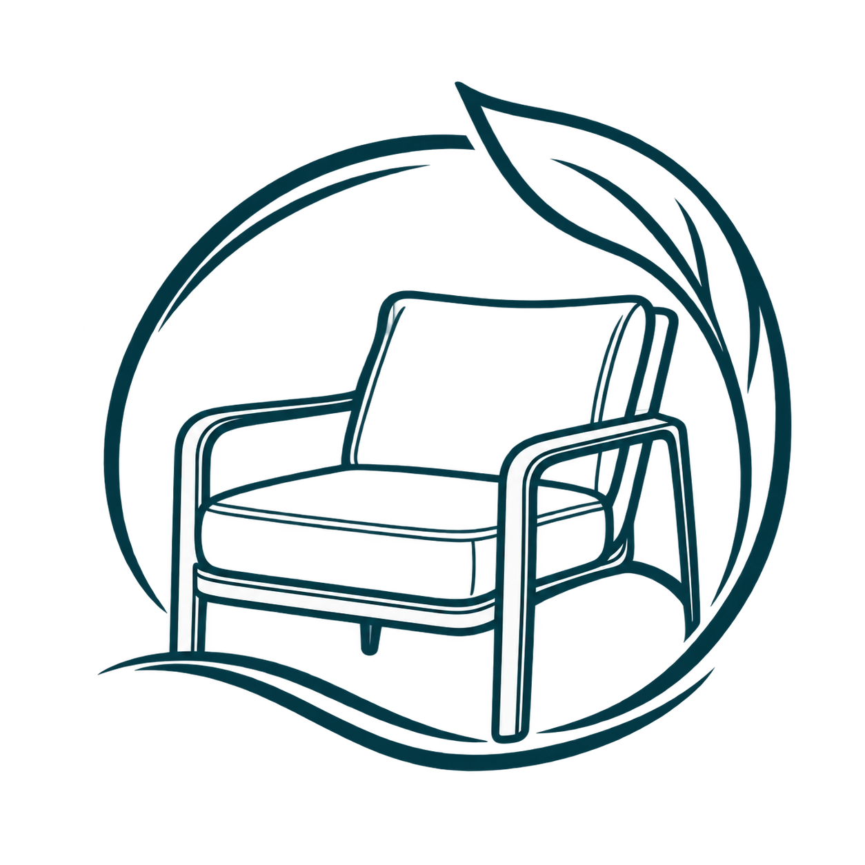 Neon line drawing of a lounging chair with a leaf and foliage in the background, illuminated with blue and white lights.