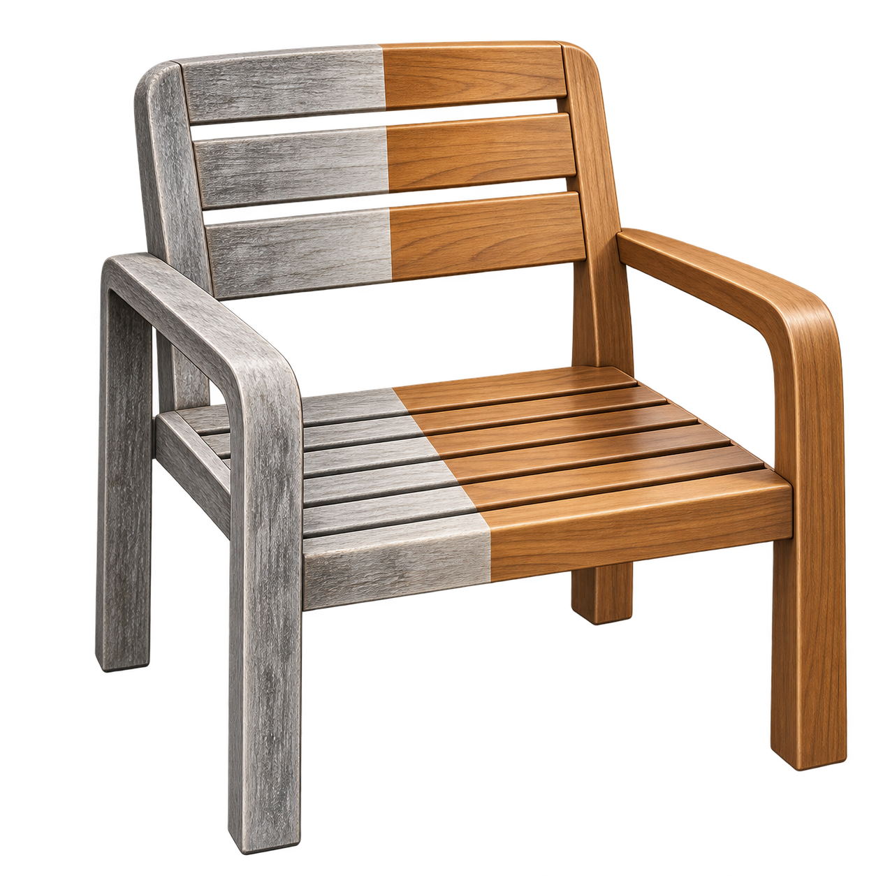 A wooden outdoor chair with a two-tone design, half in gray weathered wood and half in polished brown wood.